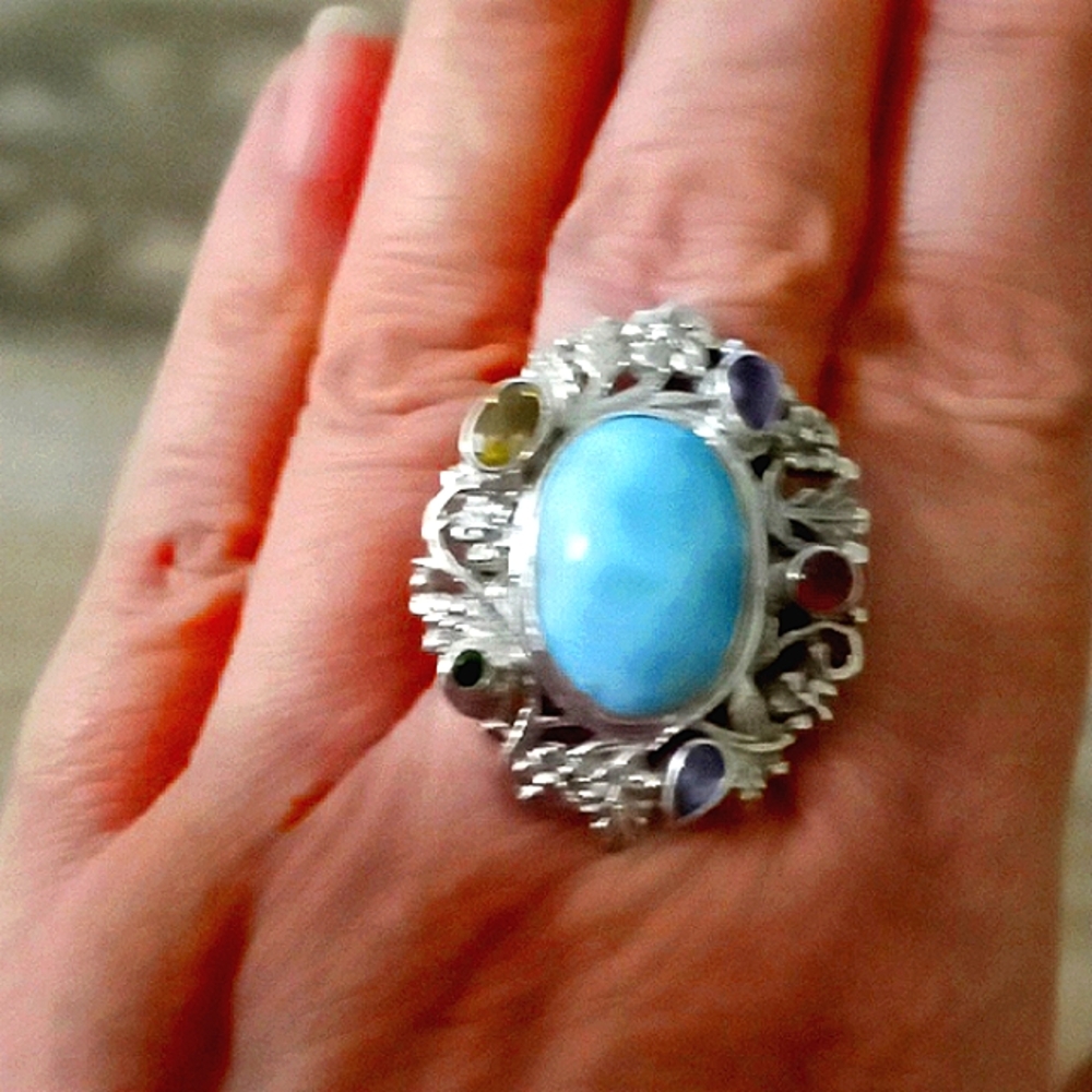 WHIMSICAL BALI LEGACY LARIMAR FLORAL AND LEAVES RING